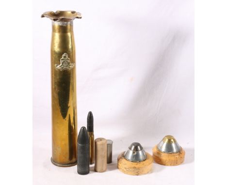 Trench art smoker's stand constructed from a WWII 6pr brass shell dated 1942 with Royal Artillery badge, the ashtray top with
