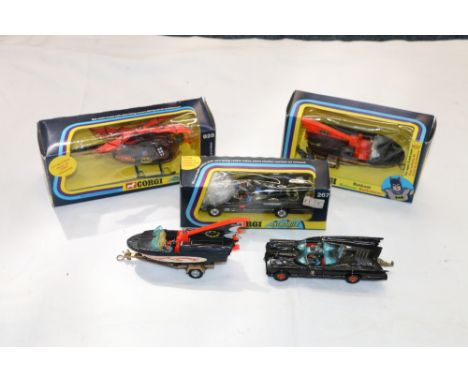 Corgi Toys diecast Batman related models including 267 Rocket Firing Batmobile boxed, 107 Batboat boxed, 925 Batcopter and fu