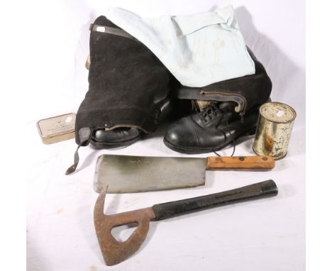 Elwell meat cleaver with War Department cross foot arrow dated 1955, Elwell aircraft escape axe dated 1939 and stamped AM and