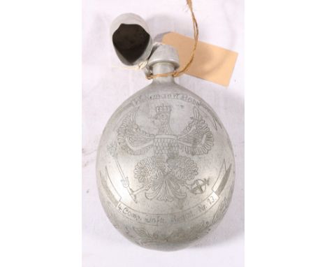 WWI German aluminium water carrier flask decorated with nail work depicting eagle and "Wehrmann Bahr 4 Comp Inftr Regmt Nr13 