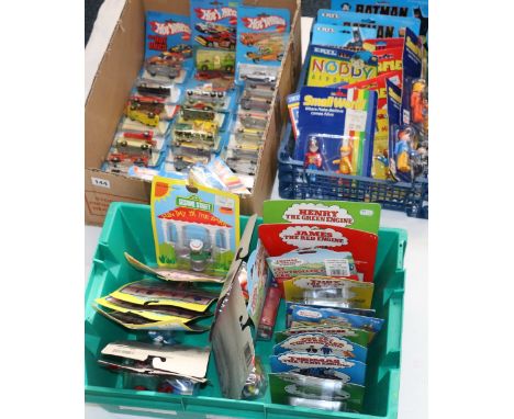 Thirty Mattel Hot Wheels diecast model vehicles, three Ertl Batman models, four Disney models, five Tara Toy Corp Sesame Stre