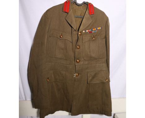 British Army dress uniform khaki green jacket with brass buttons some by Pitt and Co of London and medal ribbons for MC with 