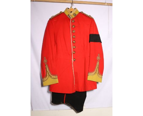 British army dress uniform scarlet tunic with knot shoulder boards, Middlesex regiment Albuhera collar badges, similar brass 