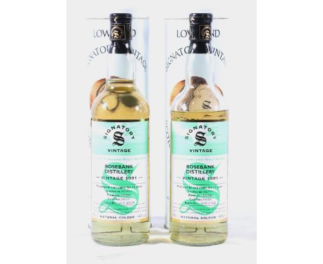 Two bottles of ROSEBANK 1991 11 year old Lowland single malt Scotch whisky distilled on 18th February 1991 and bottled on 6th