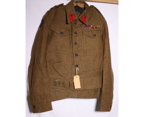 British Army dress uniform khaki green tunic with N Berg label dated 1943 with black Cameronians (Scottish Rifles) buttons, c