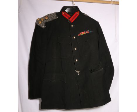 British army dress uniform black jacket with chain male shoulders, 3rd Carabiniers staybrite buttons, medal ribbons for MBE, 