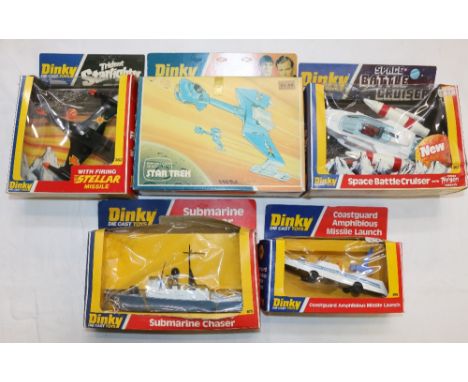Five Dinky Toys including 357 "From the TC series Star Trek" Klingon Battle Cruiser, 362 Trident Star Fighter, 367 Space Batt