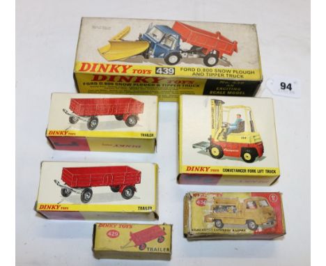 Six Dinky Toys including 439 Ford D800 Snow Plough and Tipper Truck, 436 Atlas Copco, 404 Conveyancer Fork Lift Truck, two 42