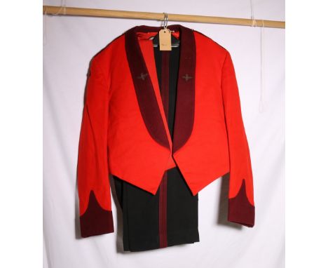 British Army scarlet tunic with Bernard Weatherill Ltd label with Parachute regiment insignia including bullion lapel badges,