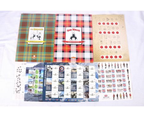 Seven Royal Mail GB mint stamp sheets including The Broons (2007), Oor Wullie (2007), British Army Uniforms, Battle of Britai