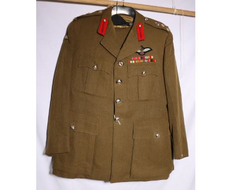 British Army dress uniform khaki green jacket with staybrite buttons by Gaunt of London, needlework and bullion Ubique wings 