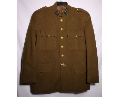 British Army dress uniform khaki green jacket with red hand of Ulster bullion and needlework collar badges and brass thistle 