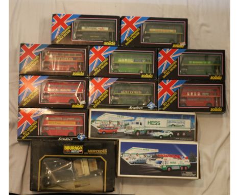 Nine Solido model buses, Hess Emergency Truck, Hess 18 wheeler and racer and a Burago diecast 1/20 scale 3020 Mercedes Benz 5