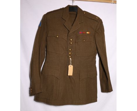 British Army dress uniform khaki green jacket with Gaunt of London brass buttons, T11 cloth shoulder badges and medal ribbons