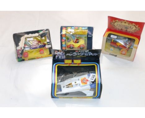 Four Corgi Toys diecast models including 647 Buck Rogers Star Fighter, 804 Noddy's Car, 2033 Animal's Percussionmobile from t
