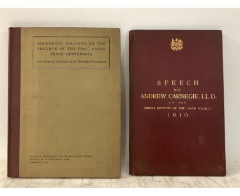 A red canvas book with gilt lettering titled Speech by Andrew Carnegie LLD at the annual meeting of the peace society 1910, p