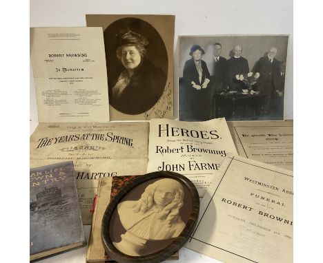 A small collection of Robert Browning ephemera, to include. Westminster Abbey Funeral brochure for RB, 1889. Song sheet for F