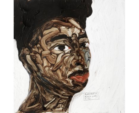 Amoako Boafo (Ghanaian, born 1984)Portrait  signed, dated and inscribed 'Amoako M/ Boafo 2019/ KING' (lower right)oil on card