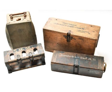 A Second World War German Ammunition Case for the Light Field Howitzer, containing three cardboard tubular boxes marked "Sond