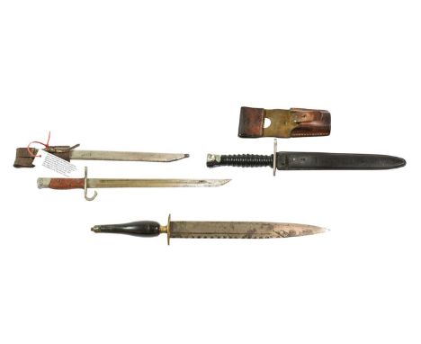 Four Bayonets:- a Japanese Arisaka bayonet, the blade with piled cannon balls arsenal mark, with steel scabbard and leather f