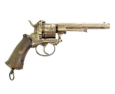 A 19th Century French 8mm Six Shot Double Action Pinfire Revolver, with plated finish, the 13cm octagonal sighted barrel and 