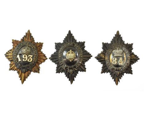 Three Leicester Constabulary Helmet Plates, each of two part construction in blackened die stamped brass with two fixing lugs