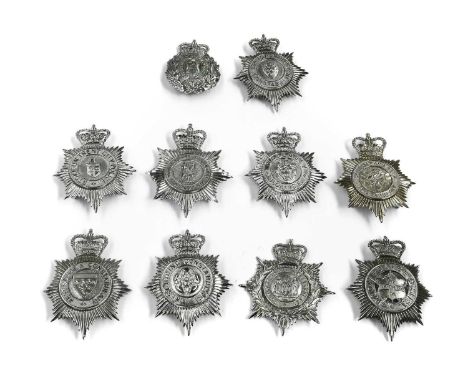 Ten Elizabeth II Police Helmet Plates, in chromium plated die stamped metal, with QEII crown over star, circlet and coat of a
