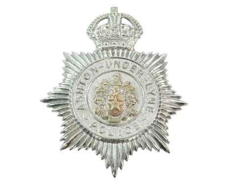 An Ashton-under-Lyne Police Small Helmet Plate, in die stamped chromium plated white metal, with King's crown over star, circ