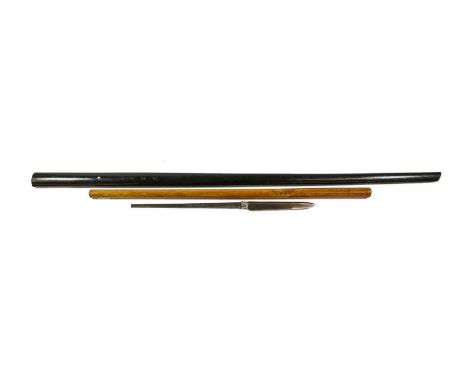 A Japanese Yari Blade, 14.5cm, of triangular section, the flat side with red lacquered narrow fuller, the signed tang with si