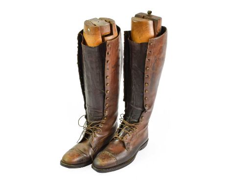 A Pair of First World War Officer's Brown Leather Long Boots, with lace-up front fastenings, the steel studded leather soles 