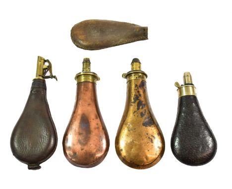 Two 19th Century Copper Powder Flasks by Sykes,  each of plain form with brass charger and external steel spring; a 19th Cent