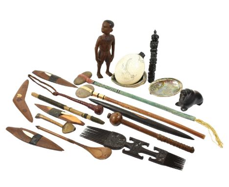 Eight Late 20th Century Australian Aboriginal Artefacts, comprising three small wood spear throwers (woomeras) with bone spik