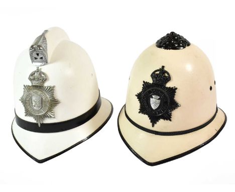 A Stockport Borough Police White Helmet, with one piece fibreglass skull, blackened die stamped rose top and helmet plate of 