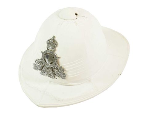 A Malta Police Wolseley Tropical Helmet, of white cloth covered cork with six panelled top, six fold puggaree, die stamped ch