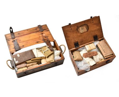 Two Second World War Wood Tool/Ammunition Crates, containing a quantity of soldier's equipment including shoe brushes, razors