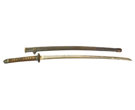 A Second World War Japanese Katana, the 66cm steel blade with undulating hamon, white metal one piece habaki and steel seppa,