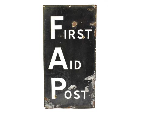A Mid-20th Century First Aid Post Enamel Sign, with white lettering on a blue/black field, the lower left corner bearing trac