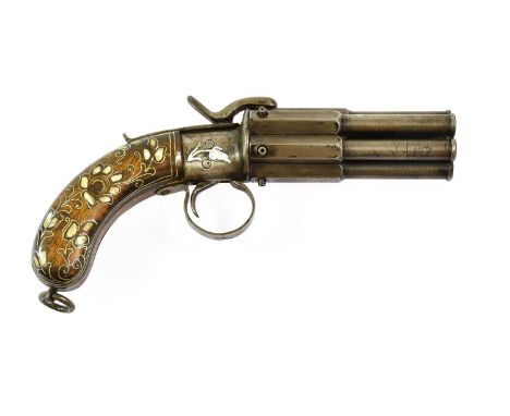 A Continental Six Shot Percussion Pepperbox Revolver, with 11cm engine turned seperate steel barrels octagonal at the breech,