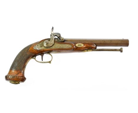 A 19th Century Belgian Officer's 22 Bore Percussion Pistol, the 19.5cm browned twist octagonal sighted steel barrel with Lieg