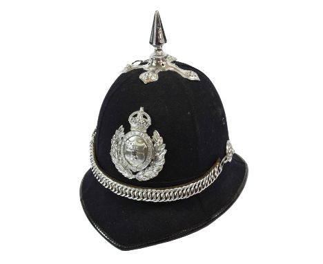 A Worcester City Police Senior Officer's Spike Top Helmet, of black cloth covered cork with four panelled top, chromium plate