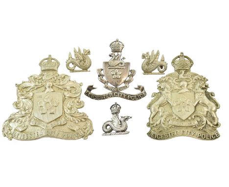Leicester City Police:- two Helmet Plates in die stamped white metal, one First World War with King's crown over foliate cart