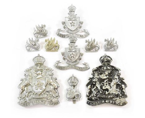 Leicester City Police:- two Silver Cap Badges, each with King's crown over coat of arms and ribbon legend, hallmarks for Birm