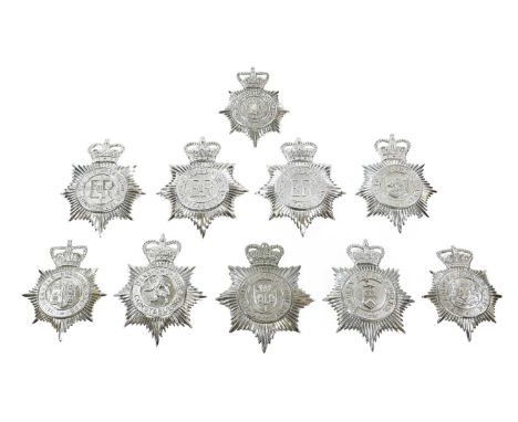 Ten Elizabeth II Police Helmet Plates, in chromium plated die stamped metal, with QEII crown over star, circlet and coat of a