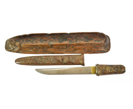 A Meiji Period Japanese Tanto, the 15cm steel blade with brass habaki, the hilt and scabbard of bronzed white metal with trac
