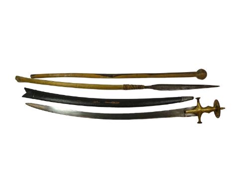 A 19th Century Indian Tulwar,  the 83cm curved steel blade double edged towards the tip, the gold koftgari decorated steel hi