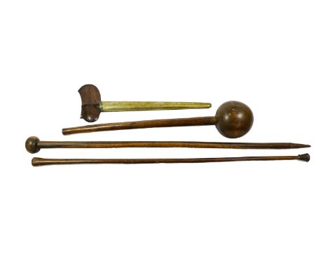 A Zulu Hardwood Knobkerrie, with large plain globular head on a cylindrical haft, 55.5cm (sliver repair to head); a Zulu Staf