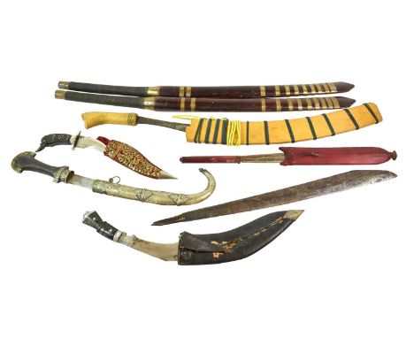 A Pair of Burmese Dha Swords, each with 44cm single edge curved steel blade, cylindrical hilt bound with steel wire, with bra