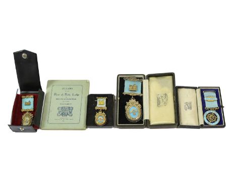 Rose of Raby Lodge No.162 - Four Breast Jewels, one in 9 carat gold and enamel, engraved to James Tullet and dated 1904, 18gm
