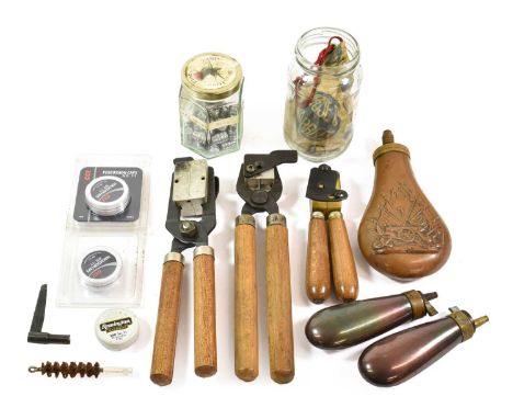 A Small Quantity of Gun Accessories, including a wooden black powder storage box with eight compartments, fully compliant wit