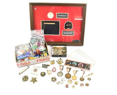 A Small Quantity of Militaria, including medal ribbons, a medal display case, a Trench Art cigarette lighter, gilt framed sol